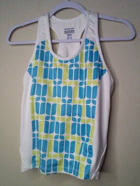 Reebok Tank Top women L Active Athletic Racer Back Shelf Bra Pattern Blue Green
